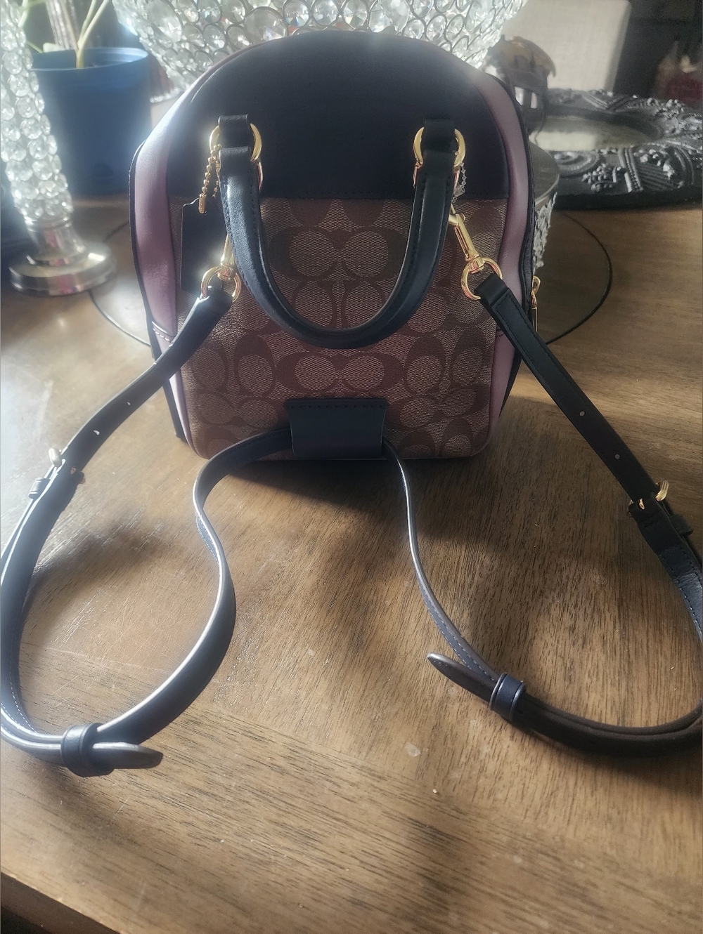 NWOT Coach Brown Signature Canvas Mini Backpack with Pink Trim & Navy Accents - Picture 6 of 8
